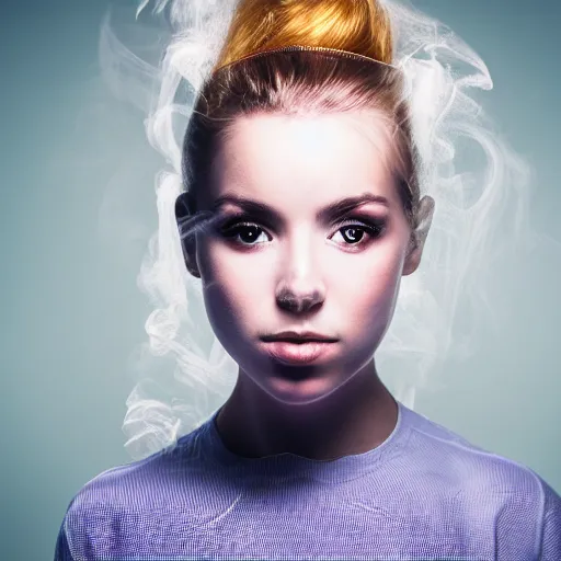 Image similar to A beautiful young woman, smoke, double exposure, medium shot, studio lighting,