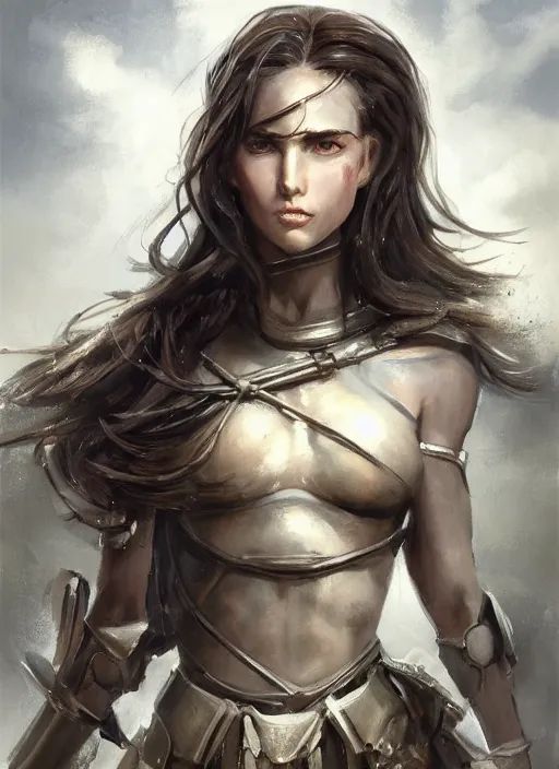 Image similar to a professionally painted portrait of an attractive young girl, partially clothed in battle armor, olive skin, long dark hair, beautiful bone structure, symmetrical facial features, intricate, elegant, heroic pose, digital painting, concept art, smooth, sharp focus, finely detailed, beautifully framed, from Metal Gear, in the style of Artgerm and Greg Rutkowski and William-Adolphe Bouguerea