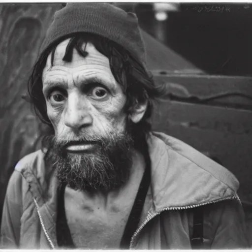 Image similar to portrait of homeless person by Diane Arbus, 50mm, black and white