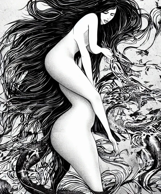 Prompt: black and white illustration, creative design, dark fantasy, beautiful mermaid, full body, swimming in ocean, fish tail bikini top flowing hair