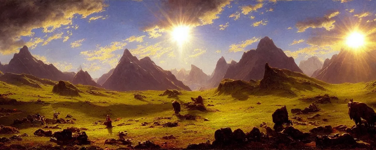 Prompt: epic landscape of rohan in middle earth, sun shining over the mountains, vast fields, vivid colors, by Bierstadt Albert