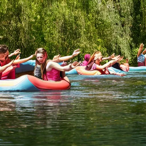 Prompt: a group of people floating down a river grooving out