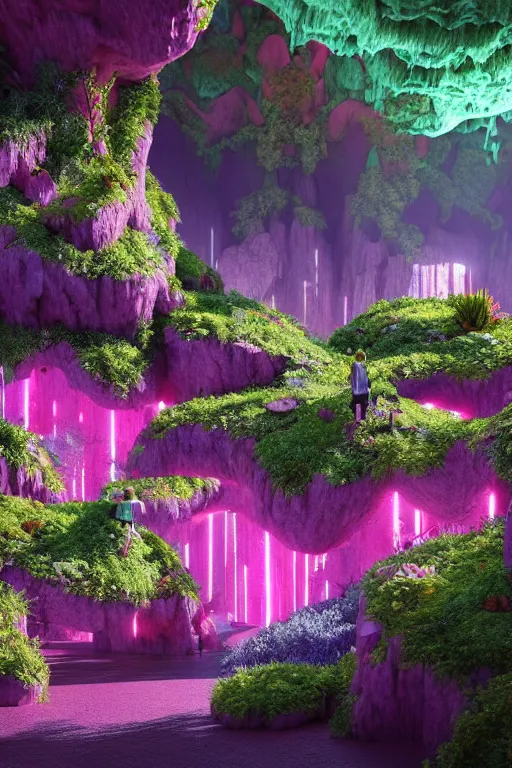 Prompt: a massive volume cave with ultra - realistic bright coloured natural flowers and ferns : 4, a tiny miniature futuristic city : 5, overlooking an endless plain with pink lightning clouds : 4, highly symmetrical, balanced, octane render, in the style of sahm : 3 hd, 4 k, ultra - realistic, in unreal engine
