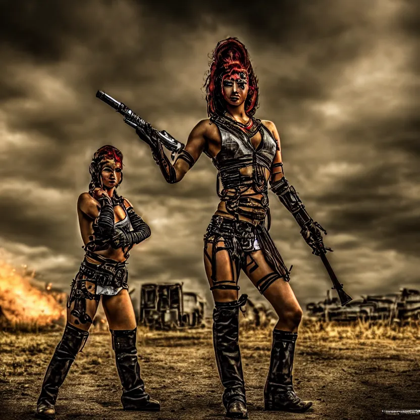 Image similar to full length photo of a very beautiful female atompunk warrior with weapons, 8 k, hdr, smooth, sharp focus, high resolution, award - winning photo