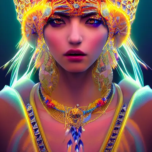 Image similar to portrait highly detailed beautiful symmetrical face high priestess intricate elegant detailed crystal jewellery with tribal feathers, lush colourful volumetric lighting, anime digital painting, concept art, smooth, sharp focus 3 d, divine realm of gods, realistic cinematic style, octane render, photographic, unreal engine 8 k