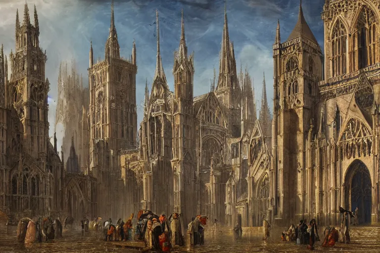 Prompt: group of people in the exterior of a highly detailed cathedral, in the style of samuel prout, highly detailed, elegant, intrincate, colorful, vivid, realist style, hyperdetailed, 4 k resolution, matte painting
