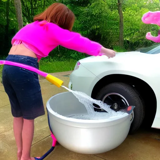 Prompt: pink furry washing cars while eating soap psychedelic style