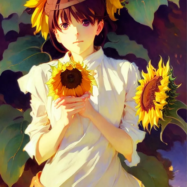 Image similar to beautiful sunflower anime girl, krenz cushart, mucha, ghibli, by joaquin sorolla rhads leyendecker, by ohara koson