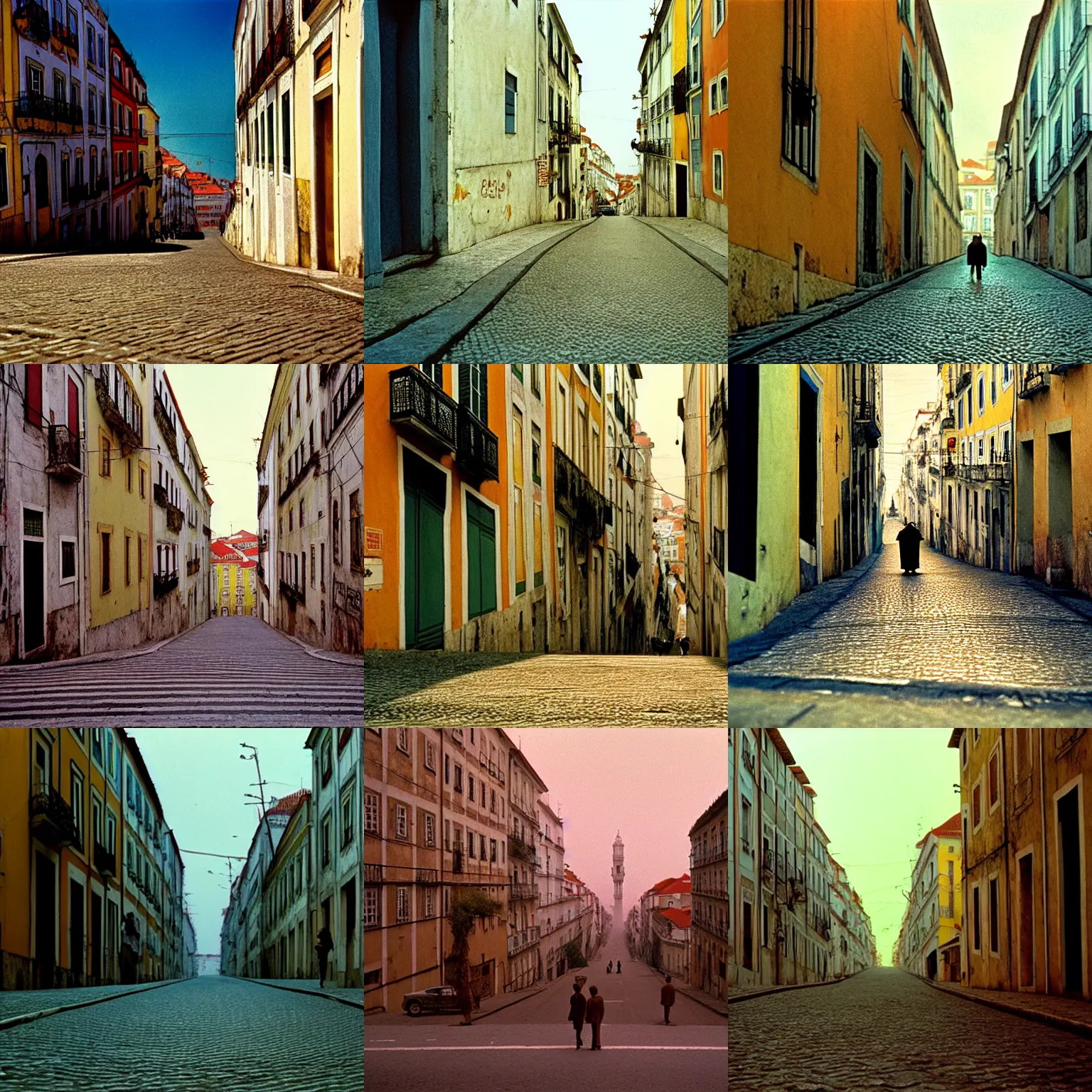 Prompt: The Street of Lisbon, film still from the movie directed by Wes Anderson with art direction by Zdzisław Beksiński, wide lens