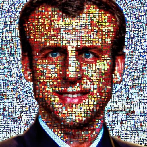 Image similar to portrait mosaic of Emmanuel macron with robot eyes, 4k, intricate details, digital, sun in the background