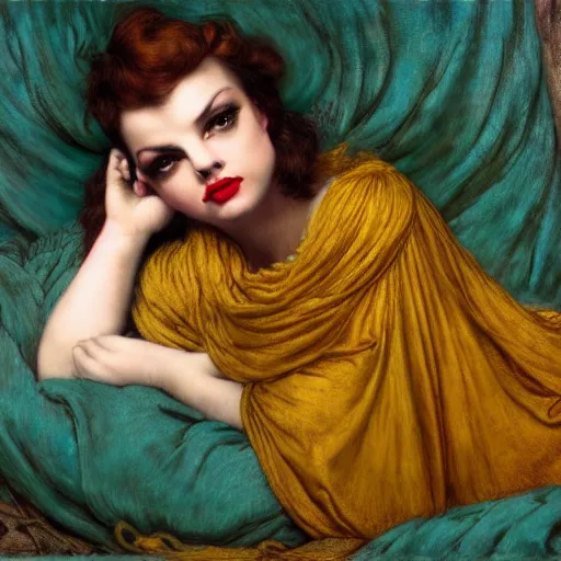 Image similar to hybrid of judy garland and lady gaga, brown fringe, large beautiful features, huge downslanted eyes, large full lips, reclining on flowing bed cool stylish, yellow ochre ornate medieval dress, john william waterhouse, kilian eng, rosetti, john everett millais, william holman hunt, william morris, 4 k