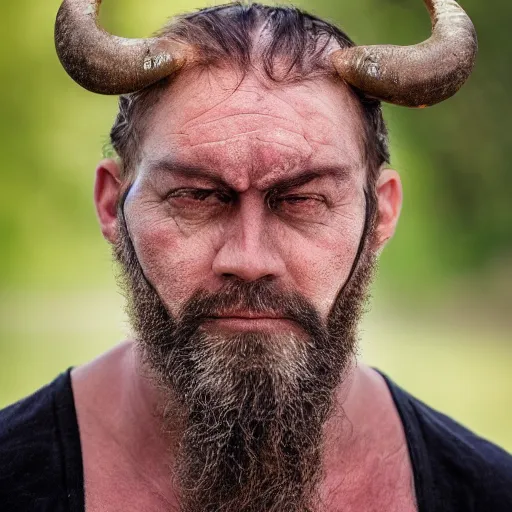 Image similar to a man with 2 horns protruding out of his forehead which curve back, one is broken at a quarter of the length of the other. he has red skin, golden eyes and a black beard