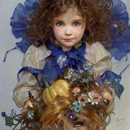 Image similar to a cute happy little girl with light brown wavy curly hair and blue eyes sitting amidst piles of halloween decorations. beautiful cute highly detailed face. halloween themed painting by artgerm and greg rutkowski and alphonse mucha.