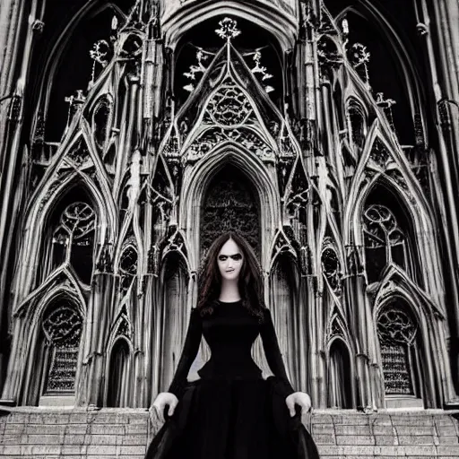 Image similar to gothic girl dressed in black, perfect face, macro head shot, behind her a whole gothic cathedral, perfect photo the full cathedral is visible, wide lens, no decaying lines, the windows of the cathedral are reflecting red flame lights, delicate mandala intricate ornaments