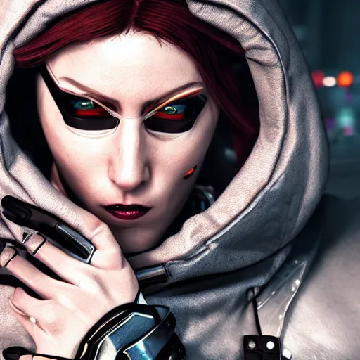 Prompt: Female cyberpunk rogue in a hood, realistic artstyle, wide shot, dramatic lighting, octane render, hyperrealistic, high quality, highly detailed, HD, beautiful, cinematic, 8k, unreal engine, facial accuracy, symmetrical