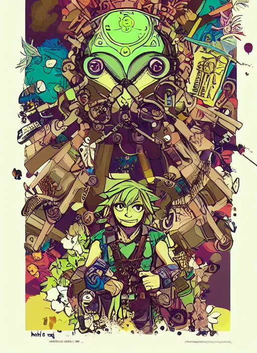 Image similar to biopunk majoras mask link from zelda!! portrait illustration, pop art, splash painting, art by geof darrow, ashley wood, alphonse mucha, makoto shinkai