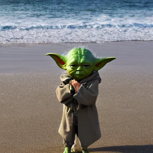 Image similar to sad real life Yoda on the beach