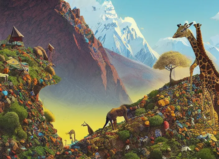 Image similar to a giraffe on the himalaya mountain, summer morning, very coherent and colorful high contrast, art by gediminas pranckevicius, geof darrow, dark shadows, hard lighting