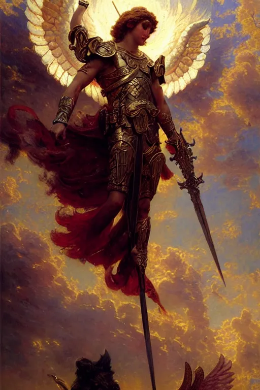 Image similar to saint michael the angel, guarding the world from evil. highly detailed painting by gaston bussiere, greg rutkowski 8 k