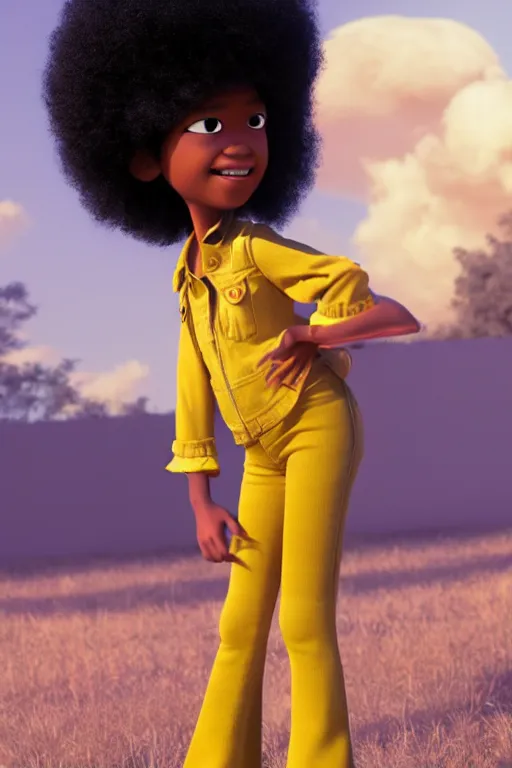 Prompt: a centered render of a super cool afro girl from the seventies wearing flares, by dreamworks, by pixar, by viktoria gavrilenko, by leticia gillett, octane render, perfect face, 3 d, 8 k