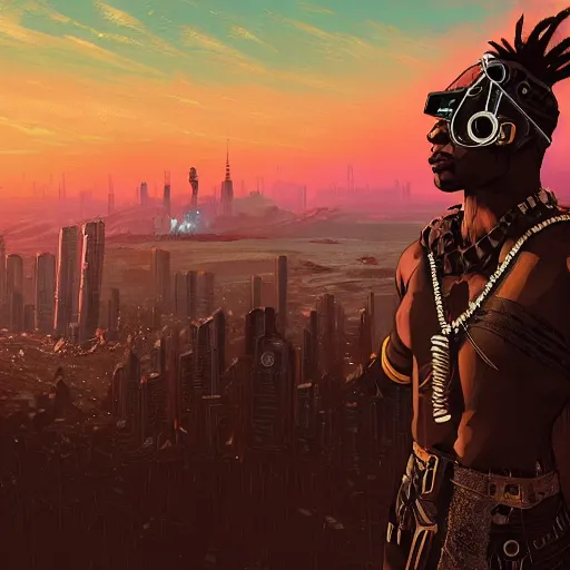 Image similar to a cyberpunk zulu warrior sitting on a cliff watching an enormous metropolitan city burn!! from a distance at night, fire, by alena aenami and android jones and greg rutkowski, Trending on artstation, hyperrealism, elegant, stylized, highly detailed digital art, 8k resolution, hd, global illumination, radiant light, detailed and intricate cyberpunk ghetto environment, rendered in octane, post processed, wide angle, dynamic portrait