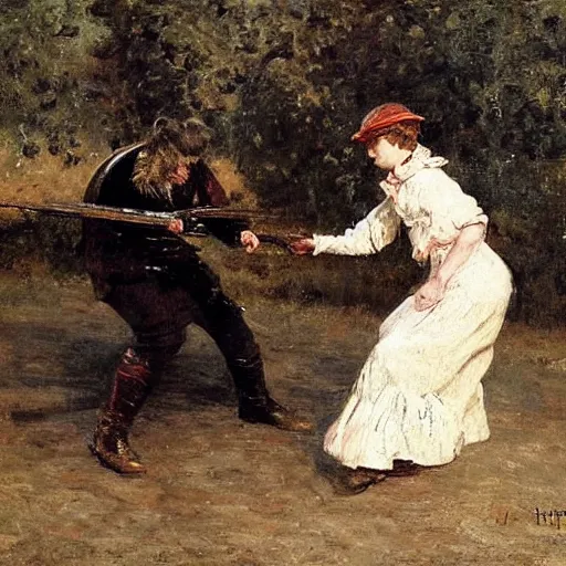 Prompt: a woman fighting a monster by alfred stevens