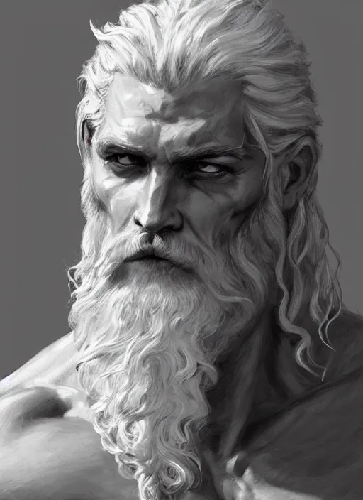 Image similar to painted portrait of rugged zeus, greek god, white hair, masculine, mature, handsome, upper body, muscular, hairy torso, fantasy, intricate, elegant, highly detailed, digital painting, artstation, concept art, smooth, sharp focus, illustration, art by gaston bussiere