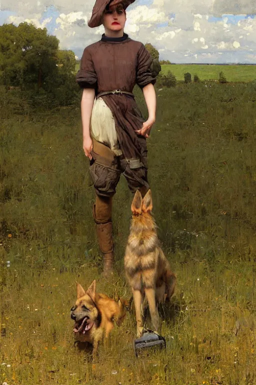 Image similar to farm life portrait of furry anthro anthropomorphic german shepard head animal person fursona wearing clothes in ohio, sunny day, digital art by Nerdrum John, William Waterhouse, Winslow Homer, Alex Heywood, Jordan Grimmer, Darren Quach, Greg Rutkowski, Simon Stalenhag, trending on Artstation, CGSociety