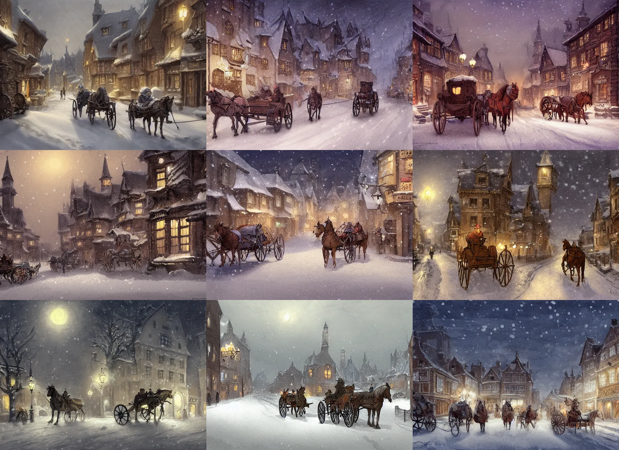 Image similar to a night scene of a snowy town with a horse drawn carriage, a detailed matte painting by anton pieck, deviantart contest winner, fantasy art, concept art, official art, matte drawing