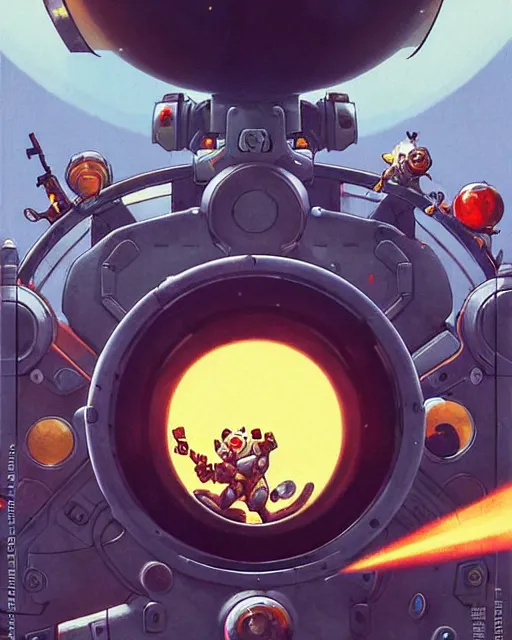 Prompt: wrecking ball the hamster from overwatch, inside a metal and glass ball with machine gun arms, character portrait, portrait, close up, concept art, intricate details, highly detailed, vintage sci - fi poster, retro future, in the style of chris foss, rodger dean, moebius, michael whelan, and gustave dore