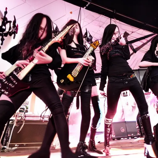 Image similar to death metal band of catgirls playing a heavy song on stage