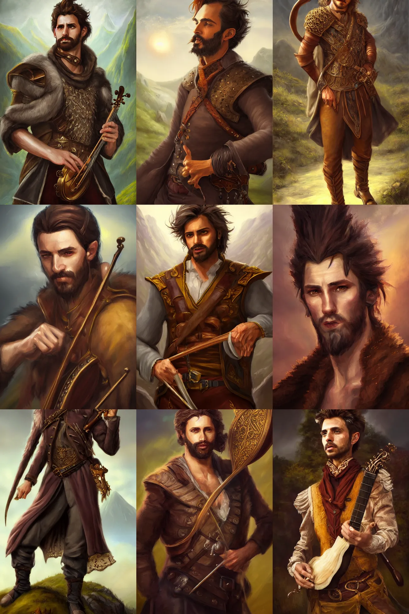 Image similar to a full body high detail fantasy portrait oil painting illustration of a single handsome male bard by justin sweet with face and body clearly visible, in a scenic background, intense eyes, realistic proportions, d & d, rpg, forgotten realms, artstation trending, high quality, sombre mood, artstation trending, muted colours, entire person visible!