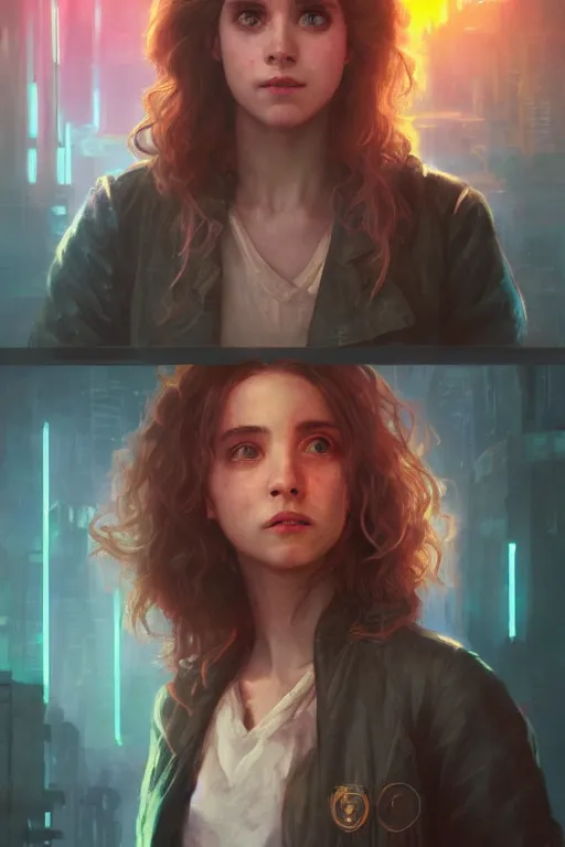 Image similar to portrait of Hermione Granger in cyberpunk, neon lighting, night city, digital art from artstation by Ruan Jia and Mandy Jurgens and Artgerm and william-adolphe bouguereau and Greg Rutkowski and Wayne Barlowe