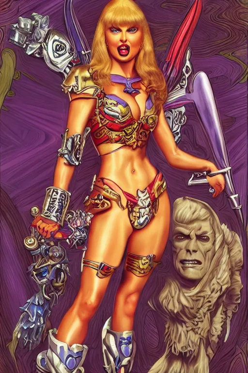 Image similar to skeletor he - man teela she - ra : : taylor swift : : kate upton body : : christina hendricks : : portrait : : full body : : decadent highly - detailed digital artwork : : art by helmut newton and mucha and rutkowski, artstation, master prime lenses, cinematic