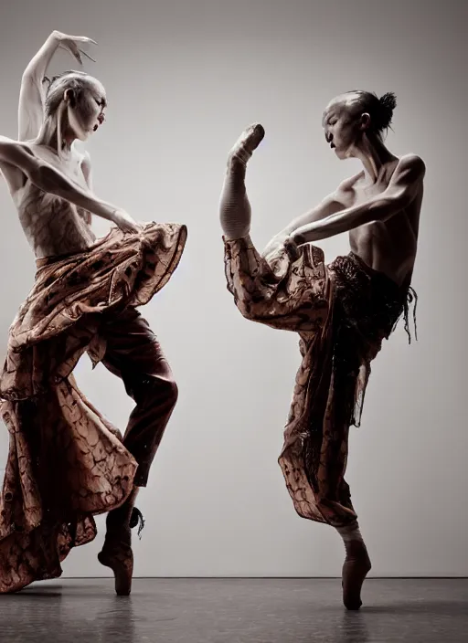 Prompt: expressive potrait photo of a clothed male and female butoh dancers dancing, glamour shot, by jenny saville, by stefan gesell, photorealistic, canon r 3, fashion photography, hyper maximalist, elegant, ornate, luxury, elite, environmental portrait, symmetrical features, octane render, unreal engine, solid dark grey background, dramatic lights