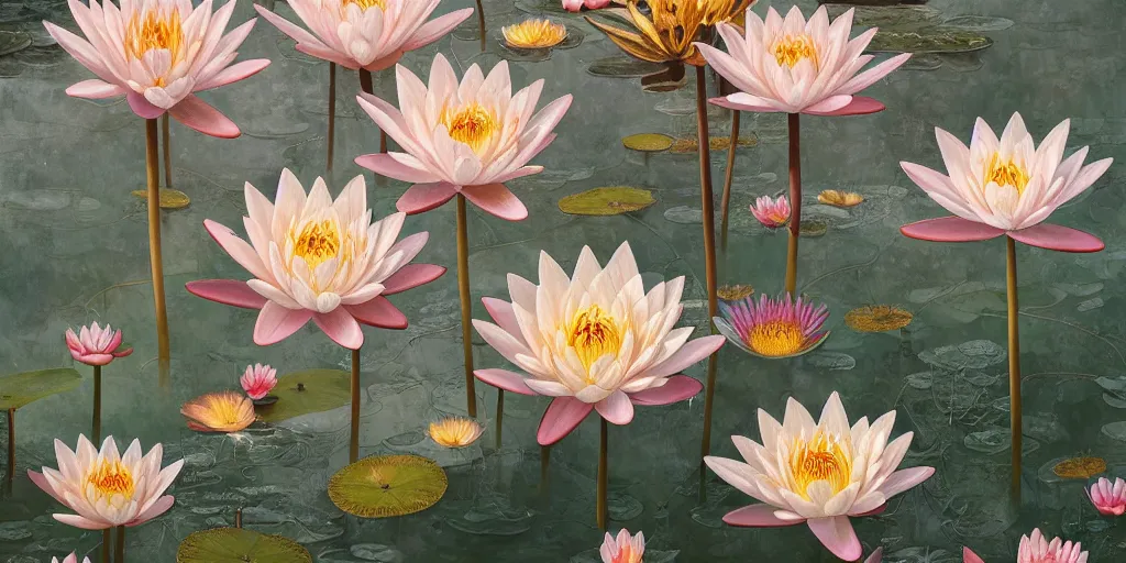 Image similar to breathtaking detailed concept art painting art deco pattern of blonde faces goddesses amalmation water lily flowers with anxious piercing eyes and blend of flowers and birds, by hsiao - ron cheng and john james audubon, bizarre compositions, exquisite detail, extremely moody lighting, 8 k