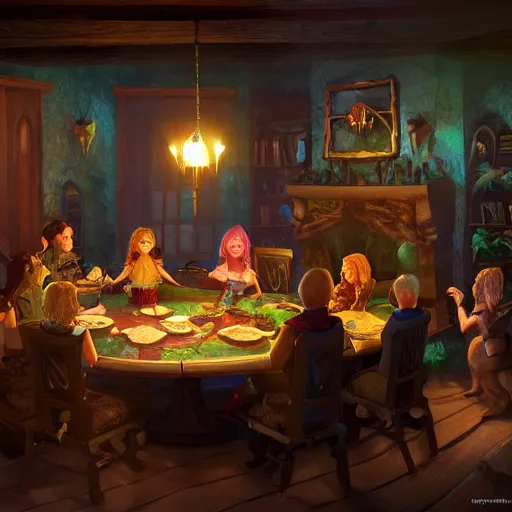 Prompt: the inside of an enchanted feywild mansion, with several people sitting around a long dinner table, in front of a fireplace, dungeons and dragons, 4 k, highly detailed, vibrant colors, trending on cgsociety