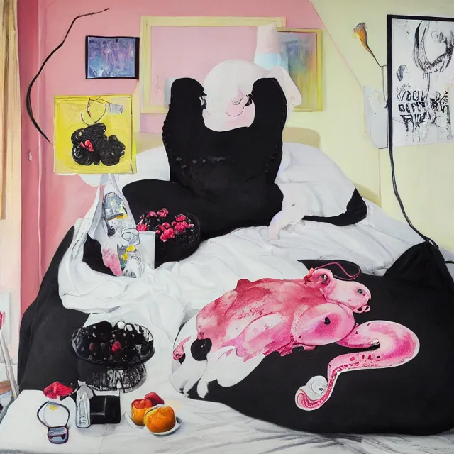 Prompt: a portrait in a female artist's bedroom, black walls, emo girl with a giant pig plushie, sheet music, berries, surgical supplies, pancakes, black flowers, sensual, octopus, neo - expressionism, surrealism, acrylic and spray paint and oilstick on canvas