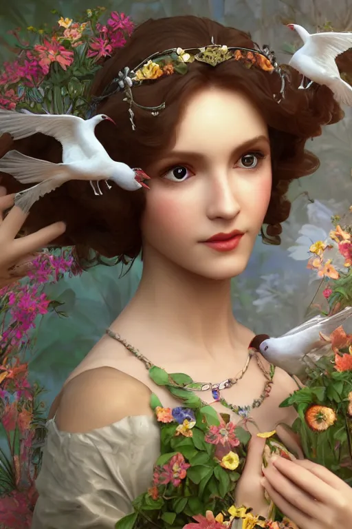 Prompt: face closeup, 3 d render of english princess holding birds, ornaments, background flowers, mucha vibe, dieselpunk, solarpunk, artstation