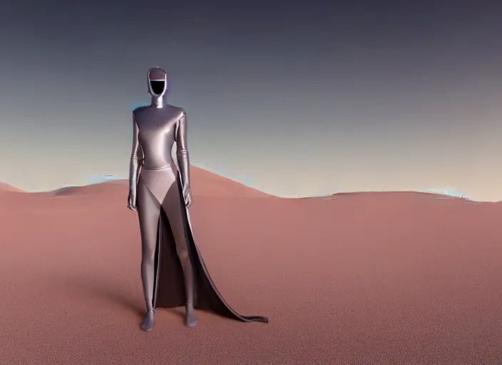 Image similar to futuristic dress for the dessert, dune style, fashion design, xf iq 4, 1 5 0 mp, 5 0 mm, iso 2 0 0, 1 / 1 6 0 s, realistic, natural light, octane render, adobe lightroom, rule of thirds, symmetrical balance, depth layering, polarizing filter, sense of depth, ai enhanced