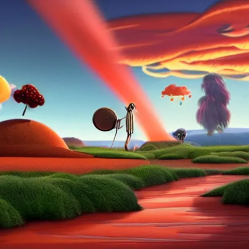 Image similar to A landscape from Cloudy with a Chance of Meatballs (2009), sunset time, award winning