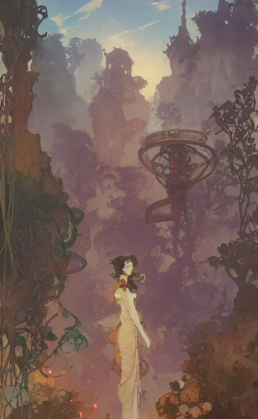 Image similar to A beautiful landscape painting of steampunk landscape by Alfons Maria Mucha and Julie Dillon and Makoto Shinkai