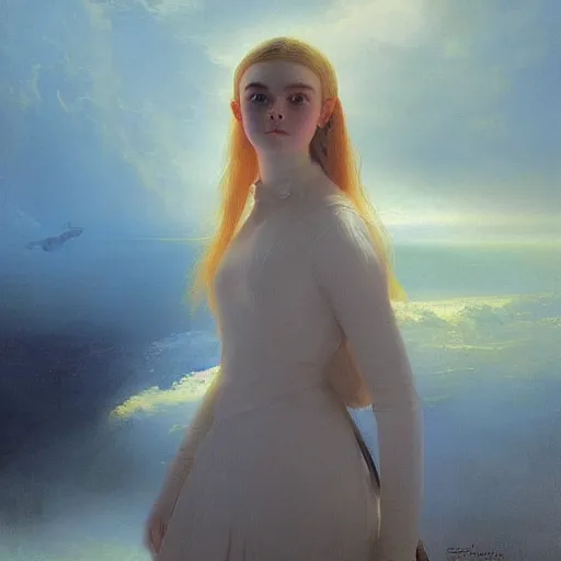Image similar to a striking hyper real painting of Elle Fanning with cybernetics by Ivan Aivazovsky Buchholz
