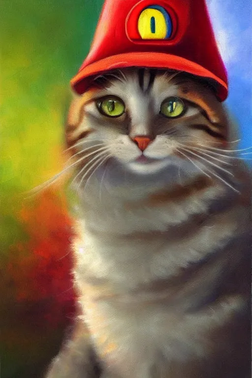 Image similar to A beautiful oil painting of a Cat wearing a Super Mario Hat, intricate, volumetric lighting, summer, hyperrealistic, colorful, hyperdetailed.