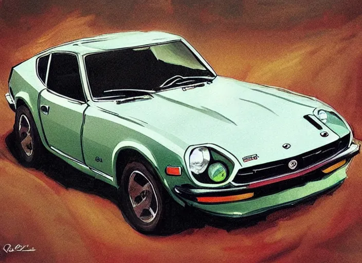 Prompt: a datsun 2 4 0 z in the art style of blake, quentin