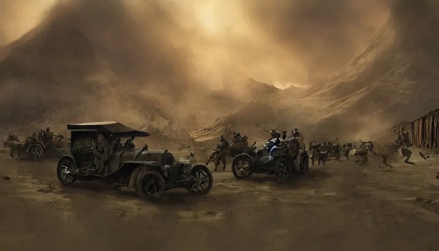 Image similar to british army driving a car in 1921 in indian village, tribe members attacking, action scene, an epic fantasy, dramatic lighting, cinematic, establishing shot, extremely high detail, photorealistic, cinematic lighting, artstation, by christopher nolan, horizon forbidden west