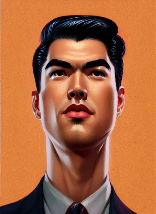 Prompt: portrait of reggie mantle, mean smirk, egotistical, slicked back hair, 1 9 5 0 s, intricate, elegant, glowing lights, highly detailed, digital painting, artstation, concept art, smooth, sharp focus, illustration, art by wlop, mars ravelo and greg rutkowski