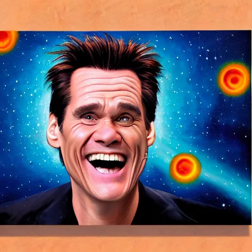 Image similar to jim carrey big smile exploding head, cosmic starfield background oil painting masterwork trending on artstation