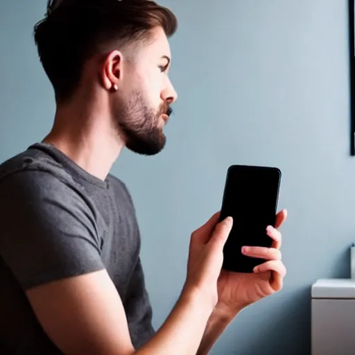 Prompt: dream an attractive young man sitting on top of the toilet scrolling tiktok on his iphone, distant thoughtful look