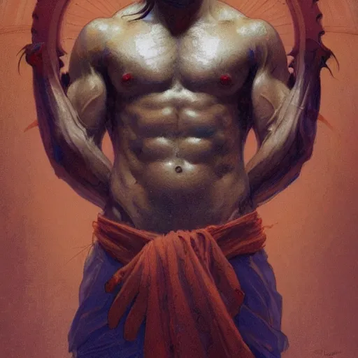 Prompt: a heavenly god, gorgeous, amazing, muscular, hairy torso, intricate, highly detailed, digital painting, artstation, concept art, sharp focus, illustration, art by greg rutkowski and alphonse mucha